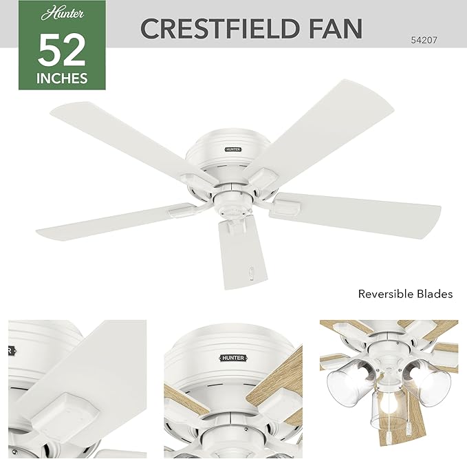 Hunter 52 inch Indoor Ceiling Fan with LED Lights and Pull Chain - Low Profile Mount White Ceiling Fan, 5 Blades, For Bedroom, Living Room, or Kitchen, Quiet - Crestfield 54207, Fresh White