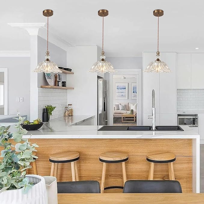 Vintage Small Glass Pendant Light Fixtures for Kitchen Island 10.6" Farmhouse Brass Gold Adjustable Hanging Ceiling Light for Bedroom Coffee Shop Dining Room Sink Table