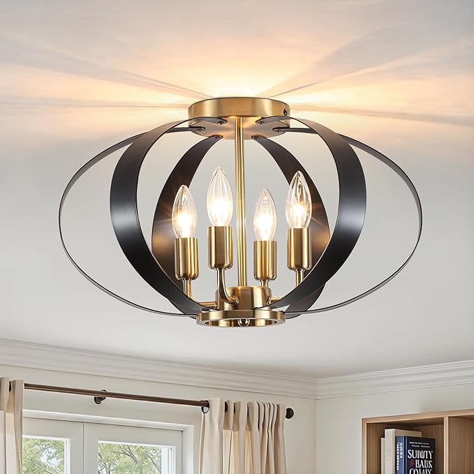 Black and Gold Semi Flush Mount Ceiling Light, 4-Light Farmhouse Modern Light Fixtures Ceiling Mount, Metal Cage Chandelier Lamp for Kitchen, Hallway, Entryway, Living Room, Bedroom