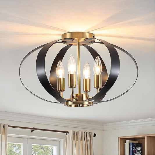 Black and Gold Semi Flush Mount Ceiling Light, 4-Light Farmhouse Modern Light Fixtures Ceiling Mount, Metal Cage Chandelier Lamp for Kitchen, Hallway, Entryway, Living Room, Bedroom
