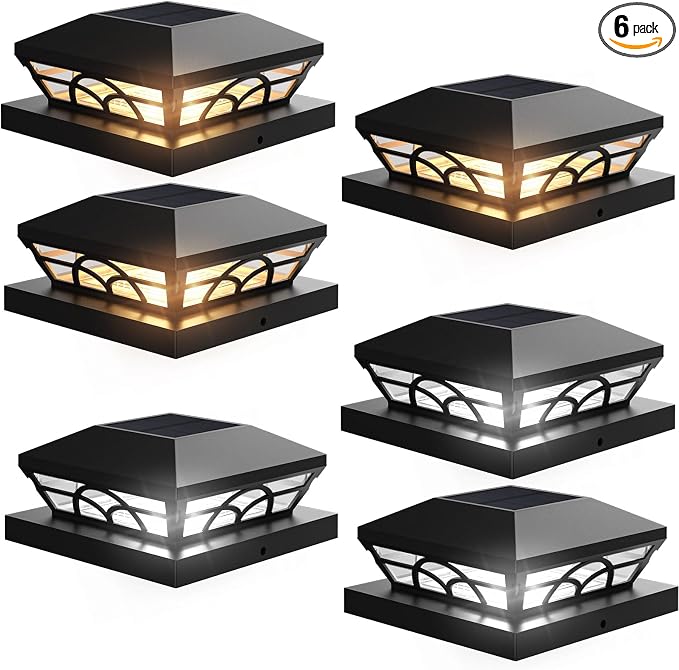 T-SUN Solar Post Cap Lights 6 Pack – Outdoor Waterproof Fence Lights for 3.5x3.5 4x4 5x5 5.5x5.5 Wood/Vinyl Posts, 2 Modes Warm White/White, Solar Deck Light for Patio, Garden, Porch (Black)