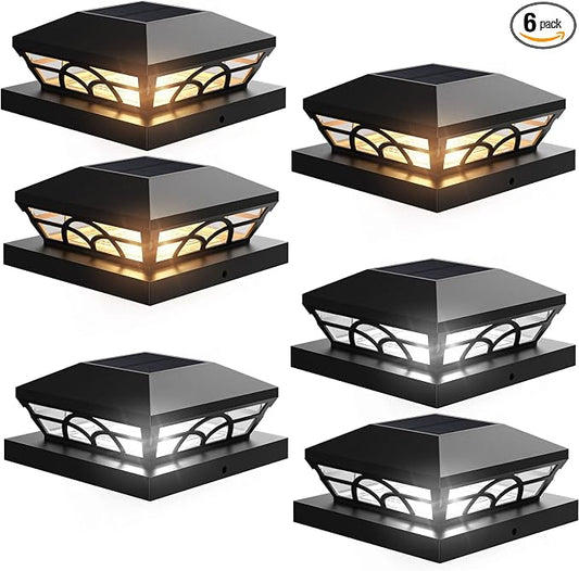 T-SUN Solar Post Cap Lights 6 Pack – Outdoor Waterproof Fence Lights for 3.5x3.5 4x4 5x5 5.5x5.5 Wood/Vinyl Posts, 2 Modes Warm White/White, Solar Deck Light for Patio, Garden, Porch (Black)