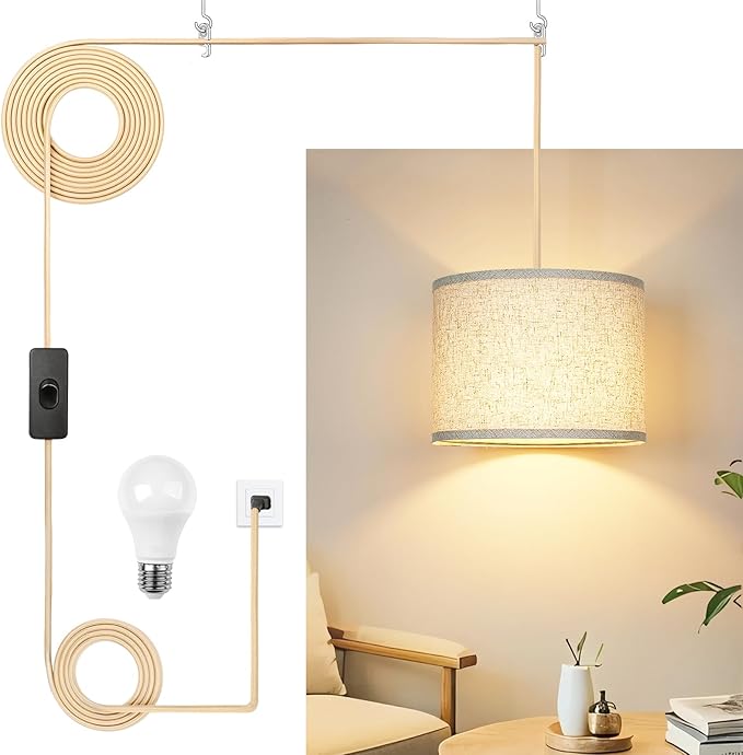Qingmiao Boho Plug in Pendant Light, Hanging Lamp Plug in with Fabric Linen Shade, 3-Way Dimmable Hanging Light Fixture for Living Room Bedroom Kitchen Ceiling Farmhouse Home Decor