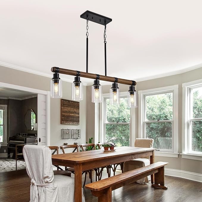 Dining Room Chandelier Over Table, 5-Light Farmhouse Kitchen Island Lighting, Matte Black Rustic Wood Chandelier with Clear Glass Shade, Ceiling Pendant Light Fixture for Kitchen