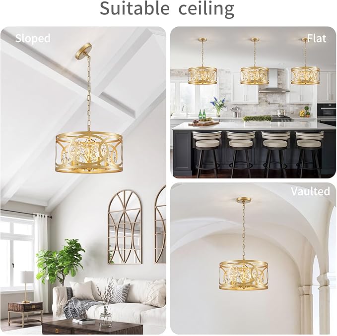WUZUPS Crystal Chandelier 5-Light Vintage Farmhouse Pendant Ceiling Light Lighting Fixture for Foyer Diningroom Bedroom Hallway Storage Kitchen Bathroom, H 8.3" W 16.1", E12 Base, Gold