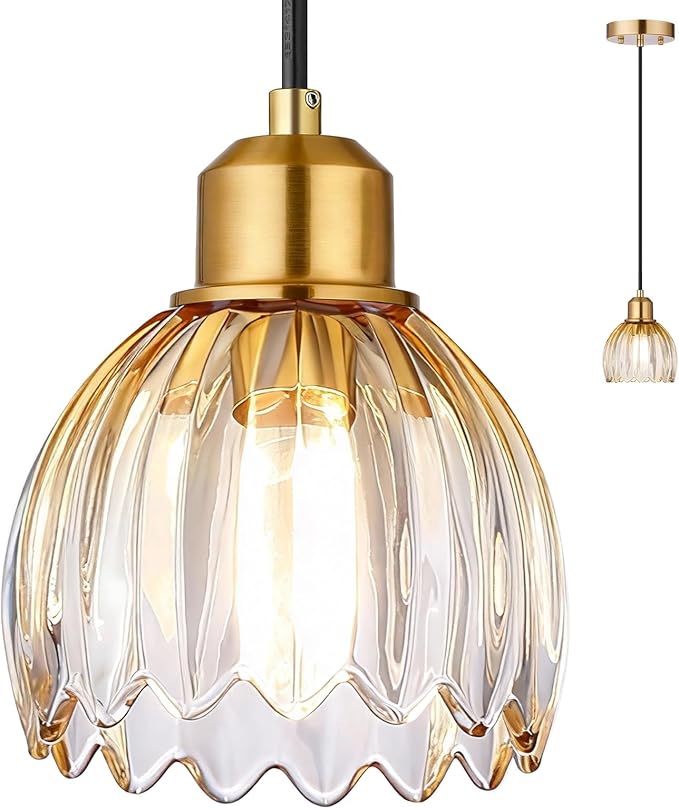 TALOYA Pendant Light with Amber Tulip Glass Lampshade, Brass Vintage Pendant Light Adjustable Hanging Light for Kitchen Island Bedroom Dining Room Hallway& Bar