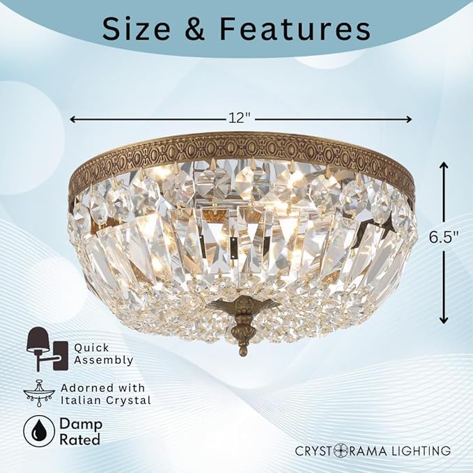 Crystorama 2 Light Clear Italian Crystal Flush Mount (Olde Brass, 12")