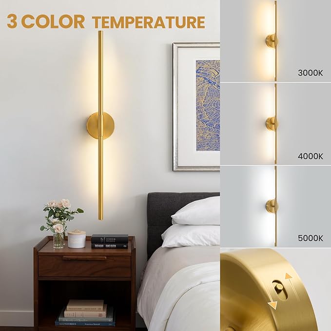 Lightania Wall Sconces Set of Two, 28'' Modern Gold LED Wall Lights, 360° Rotatable, 2700K-5000K Adjustable, Hardwired 3CCT Dimmable Wall Sconce Light Fixture for Living Room Bedroom Hallway, ETL