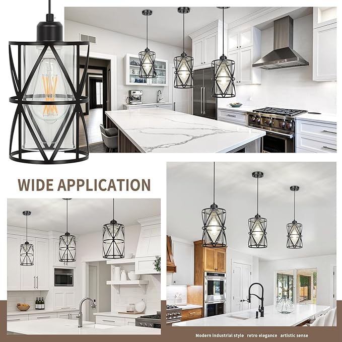 Black Pendant Lights Kitchen Island, Pendant Light with Clear Glass Shade, Modern Kitchen Lights, Hanging Light Fixture for Kitchen Island, Foyer, Dining Room, Entryway