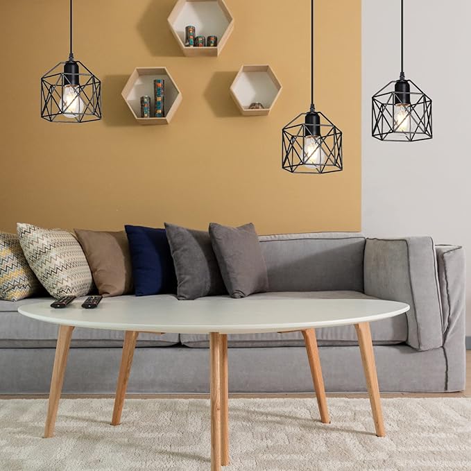 2 Pack 1 Light Vintage Hanging Light Pendant Light Fixture Farmhouse Basket Cage Hanging Ceiling Light，for Kitchen Island Dining Restaurant Room Hallway Hotel Bar Base Black Edison E26…