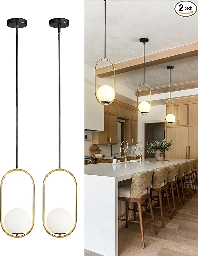 Yunnix Pendant Lights Kitchen Island, Pendant Light Fixtures, 2 Pack Modern Black and Gold Globe Glass Pendant Lighting, Mid Century Chandelier One Light for Bathroom Bedroom Dining Room