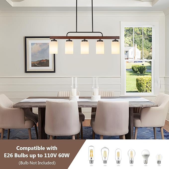 Farmhouse Dining Room Light Fixture Over Table, Black 5-Light Wood Kitchen Island Lighting with Milk White Glass, Industrial Linear Chandelier Pendant Lights