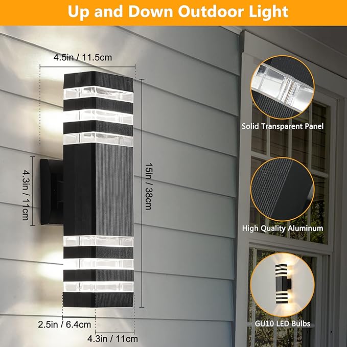 tewei 6 Pack Up and Down Outdoor Wall Lights, 3-layer Black Modern Exterior Light Fixture Wall Mount Outside Light for House, IP65 Waterproof Aluminum Outdoor Wall Sconces for Garage Porch Patio,3000K
