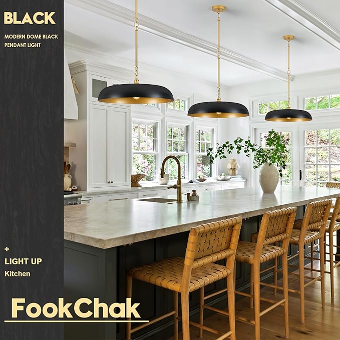 Large Pendant Light 20in Black and Gold Dome Pendant Lights 3 Light Socket Pendant Light Fixture with Adjustable Pendant Lighting for Kitchen Island Dining Room Kitchen Sink, E12