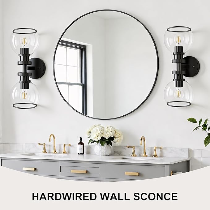 Wall Sconces Set of Two, Black Bathroom Sconces with Clear Glass, Hardwired Modern Wall Light Fixtures for Bathroom,TV Room,Mirror,Living Room,Hallway,Bedroom