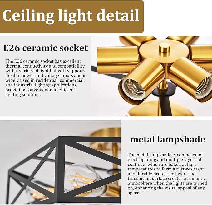 Modern Farmhouse Semi Flush Mount Ceiling Light,Industrial Black and Gold Ceiling Lighting Fixture,Hexagonal Close to Ceiling Lights for Kitchen,Living,Dining Room,Bedroom,Foyer,19.7 Inch