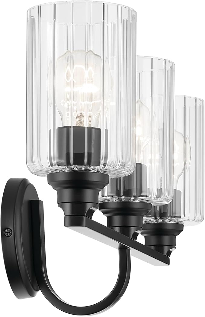 Kichler Gioe 24.25" 3-Light Bathroom Vanity Light Fixture with Clear Fluted Glass in Black, Modern Wall Mount Over Mirror for Powder Room, Damp Rated (24.25" W x 10.5" H), 55226BKFLU