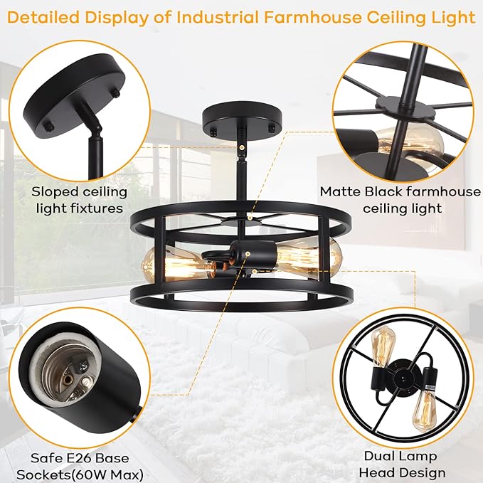 Industrial Black Semi Flush Mount Ceiling Light,Farmhouse Kitchen Lighting, Sloped Ceilings Lights Fixtures for Dining Room Hallway Entryway, 2-Light