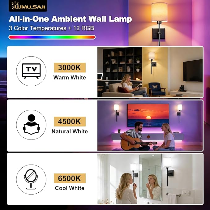 Battery Operated Wall Sconce Set of 2, Black Wireless Wall Lights with Remote 5300mAh Rechargeable Dimmable Bulb, 12 Colors Wireless Wall Sconces for Bedroom Living Room Hallway