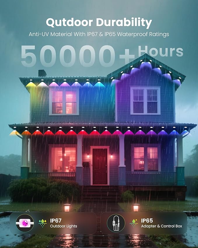 KISUFU 200FT RGB+IC Permanent Outdoor Lights, 24V Year-Round Roof & Eaves Lighting with 221 Modes, App & Remote Control, IP68 Waterproof, Smart Outside Lights for Valentine, Christmas, Holidays