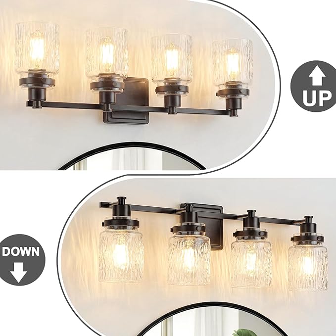 4 Lights Bathroom Light Fixtures Farmhouse Black Vanity Lights for Bathroom Lighting Fixtures Over Mirror with Hammered Glass Lampshade for Cabinet Mirror Bedroom Hallway