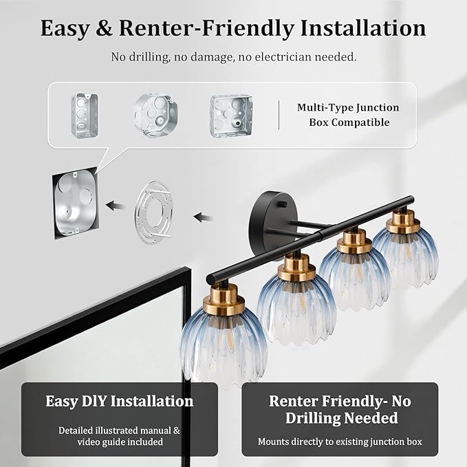 TALOYA Bathroom Vanity Light Fixtures, 4-Light Black and Gold Wall Lights for Mirror with Gradient Blue Tulip Glass Shades, Over Sink Lighting for Bedroom, Living Room, Hallway,Farmhouse