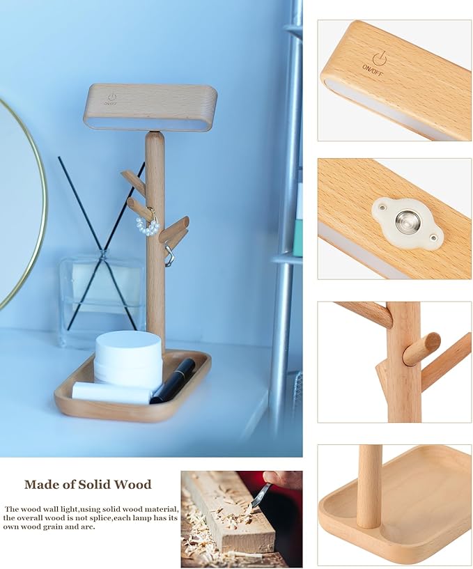 Wooden Table Lamp, Tree Trunk Rechargeable LED Desk Lamp with Organizer and Magnetic 360° Rotating Night Light for Bedside, Dorm Room or Living Space (Beech)