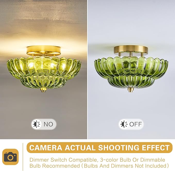 3-Lights Mid Century Modern Vintage Semi Flush Mount Ceiling Light Fixture,Gold Surface Treatment,Green Flower Glass,for Hallway Bedroom Bathroom Foyer Closet Entryway Laundry Room(11.81 in)