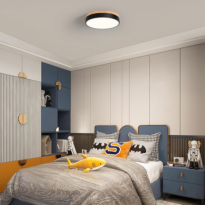 WOKNOS Modern Wood Oak Black Flush Mount Ceiling Light Dimmable LED Ceiling Light Fixture 2700K-6000K 5CCT Minimalist Circle Close to Lighting Lamp for Kitchen Bathroom Bedroom Laundry Room, 11.8''