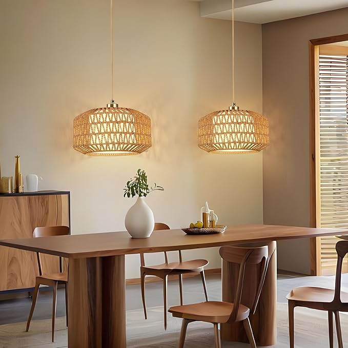 Plug in Pendant Light, Rattan Hanging Lights with Plug in Cord, Rattan Woven and Fabric 2 in 1 LampShade, Hanging Lamp Plug in for Bedroom Living Room Kitchen Island (Bulb Included)