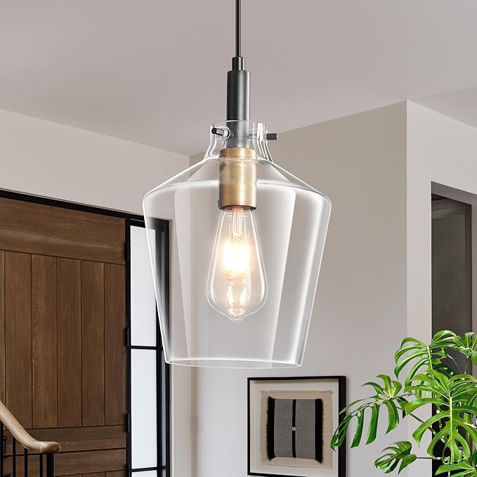 Modern Glass Pendant Lighting for Kitchen Island 2 Pack, Farmhouse Black and Gold Pendant Light Fixtures, Adjustable Hanging Ceiling Light, Angled Clear Glass Shades 8 Inch
