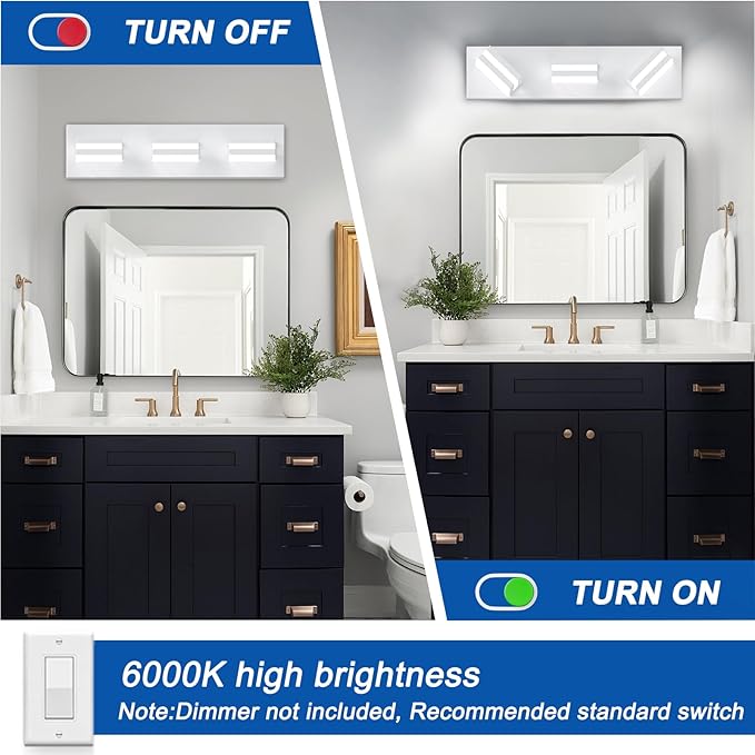 IZORRO LED Modern Bathroom Lights Fixtures(3-Light,Dimmable,360°Rotate),Matte White Acrylic Wall Lighting,Vanity Lights for Bathroom Over Mirror - 6000k 16In （No Assembly Required）