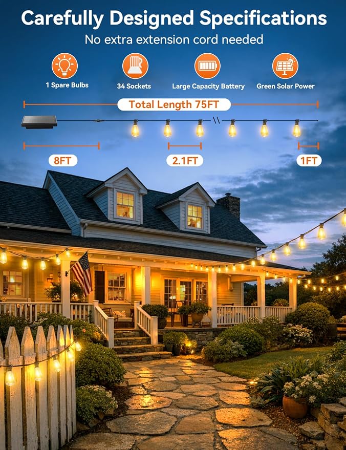Brightever 75FT Solar String Lights Outdoor Waterproof with Remote, 34+1 Shatterproof ST38 LED Bulbs, 3 Lighting Modes & Warm White, Dimmable Outdoor Solar Lights for Backyard, Bistro, Deck