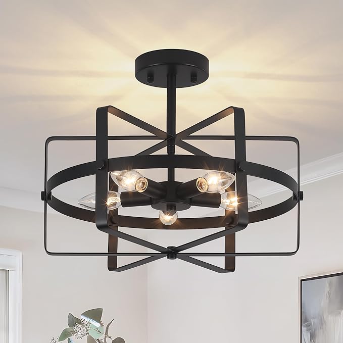 5-Light Modern Semi Flush Mount Ceiling Light, 12.6'' Black Farmhouse Flush Mount Ceiling Light Industrial Ceiling Light Fixture for Entryway Hallway Foyer Dining Room Kitchen Bedroom