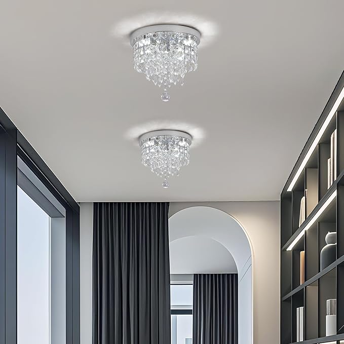 Deckrico Crystal Chandelier Flush Mount Ceiling Light Chrome Modern LED Lighting Fixture for Bedroom, Closet, Bathroom, Hallway – White Light