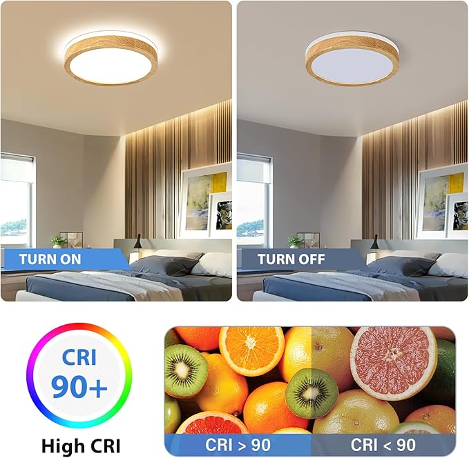 Pevfah Modern Dimmable Wood Flush Mount Ceiling Light, 2700K-6000K 5CCT Round Close to Ceiling Lighting Fixtures, Minimalist LED Ceiling Lamp for Bedroom, Kitchen, Hallway, Laundry Room-11.81in