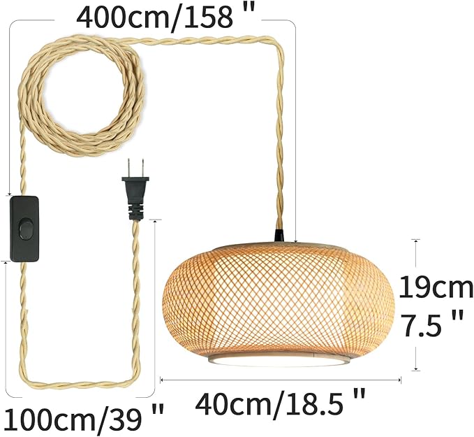 Plug in Bamboo Pendant Light, Boho Style Lamp, 16.7ft Plug in chandelier Wire with a Switch. Japanese Wabi-Sabi Style Circular Lampshade Lighting, Dining Rooms, Bedrooms, Storage Rooms and Kitchens.