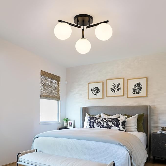 3 Light Modern Sputnik Semi Flush Mount Ceiling Light, Black Sputnik Ceiling Light Fixture, 21.65 '' Milky Glass Globe Mid Century Modern Ceiling Lights for Bedroom Hallway Living Room