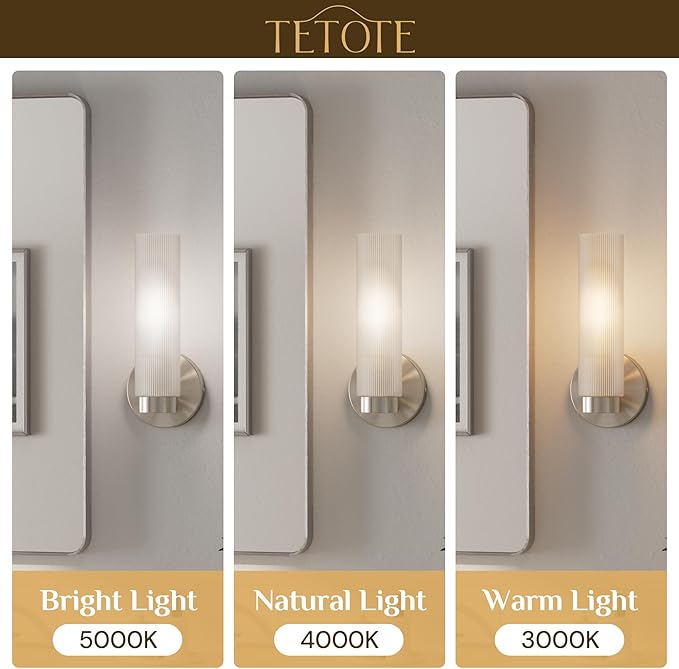 TETOTE Brushed Nickel Wall Sconces Set of Two Modern Bathroom Wall Light Fixtures Farmhouse Wall Lights with Frosted Glass Shade for Mirror Bedroom Living Room