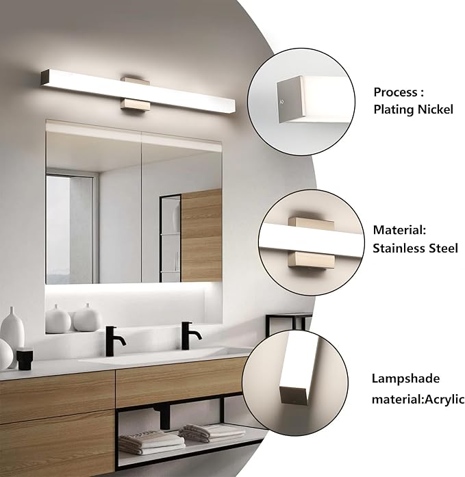 LED Bathroom Vanity Light Fixtures 31.5in Brushed Nickel,Dimmable24W 4000K Natural White Square Wall Fixture, Modern Lighting for Over Mirror, Damp Rated