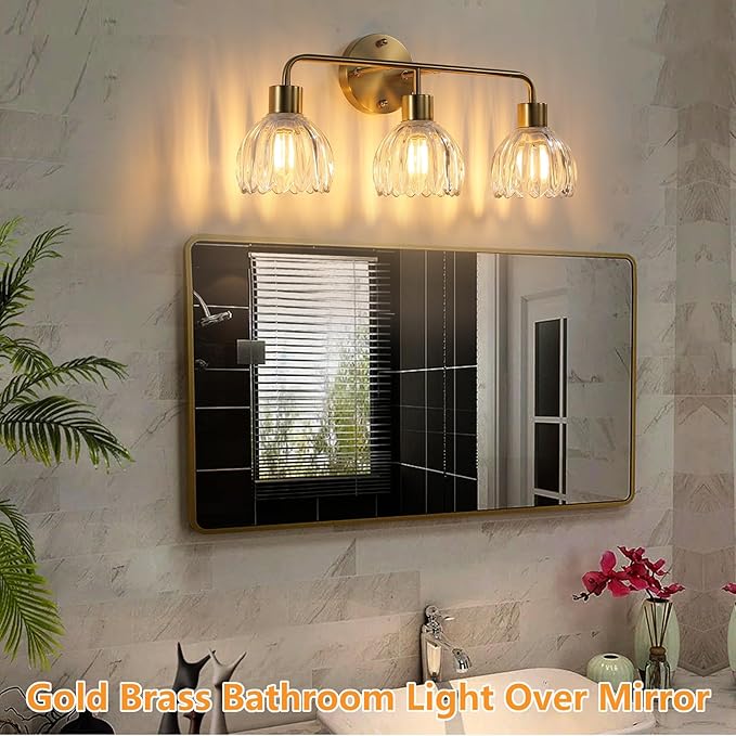 3-Light Gold Brass Bathroom Light Fixture with Clear Tulip Glass Shade,Wall Sconces,Vintage Vanlity Light Over Mirror,Bathroom Wall Light,E26 Socket(Bulbs Not Included)