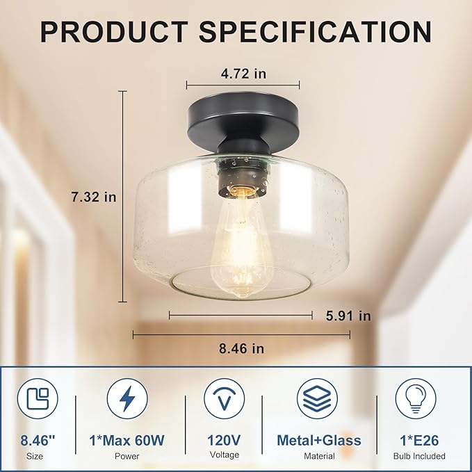 Industrial Semi Flush Mount Ceiling Light: Black Seeded Glass Kitchen Lighting Fixtures Ceiling - Vintage Hallway Light Fixtures E26 Bulb Included - 8.46” Light Fixtures Mount for Foyer