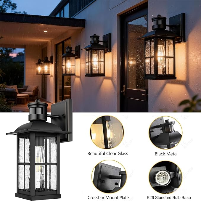 6-Pack 15inch Large Outdoor Wall Lights,Modern Black Exterior Lantern Wall Light Fixture with E26 Sockets & Tempered Glass,Waterproof Porch Wall Lighting for Garage,Garden