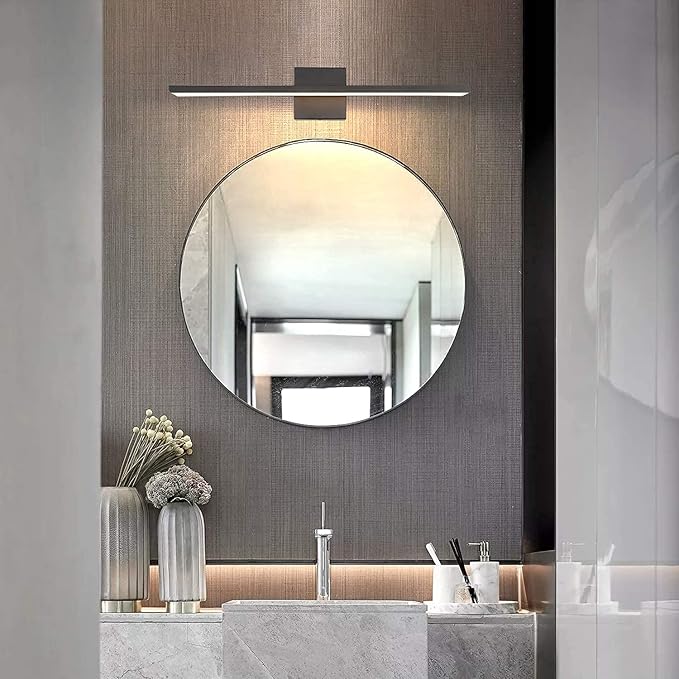 JUSHENG Modern Black Bathroom Vanity Light Fixtures 24" Inch Long Industrial Aluminum LED Bath Wall Light Lamps Over Mirror in Hallway Bedroom Lighting Matte Black 24W 3000K