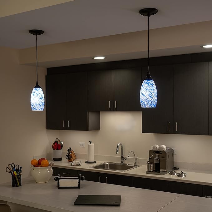 VAXCEL Milano Matte Black Mini Pendant Ceiling Light with Blue Swirl Art Glass