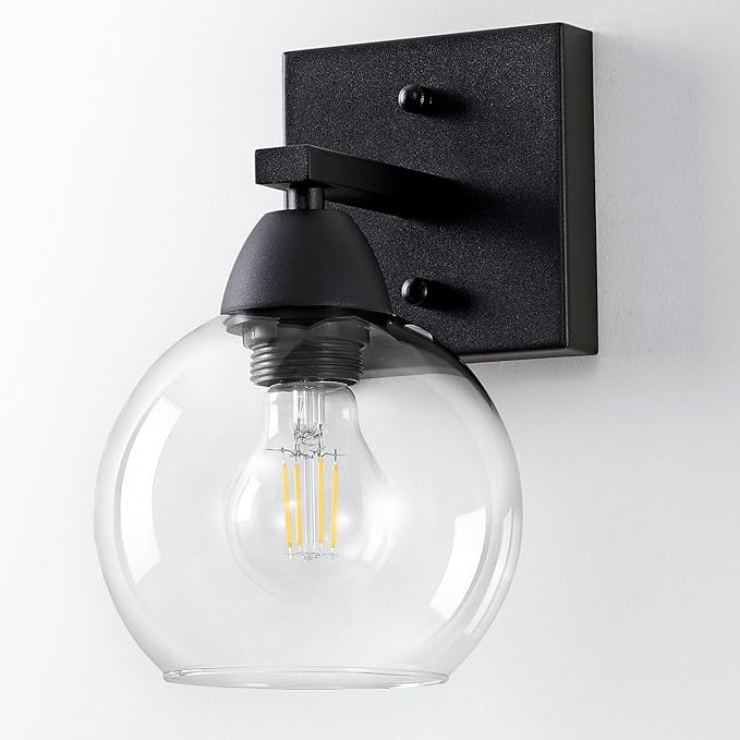 Bathroom Light Fixtures, 1-Light Matte Black Vanity Light with Hand-Blown Globe Glass Shade, High Clarity & Durable, Wall Sconce for Mirror, Kitchen, Bedroom, Hallway