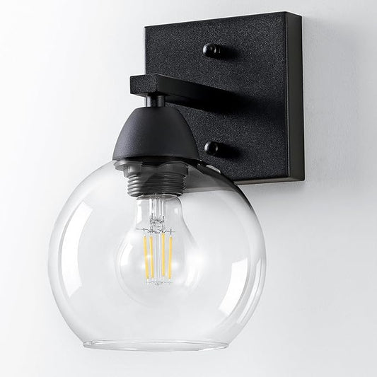 Bathroom Light Fixtures, 1-Light Matte Black Vanity Light with Hand-Blown Globe Glass Shade, High Clarity & Durable, Wall Sconce for Mirror, Kitchen, Bedroom, Hallway