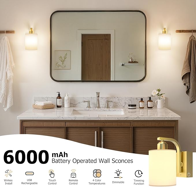 iThird 1 Pack Battery Operated Wall Sconce Light: Gold 6000mAh Rechargeable Wall Lights with Touch and Remote Control, 4 CCT Dimmable Wireless Wall Lamps for Bedroom Living Room Hallway