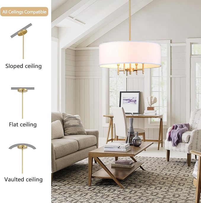 Untrammelife Drum Pendant Chandelier 4-Lights Gold Chandelier 20" Ceiling Hanging Light Fixture with White Shade, for Dining Room Living Room Bedroom Kitchen Island