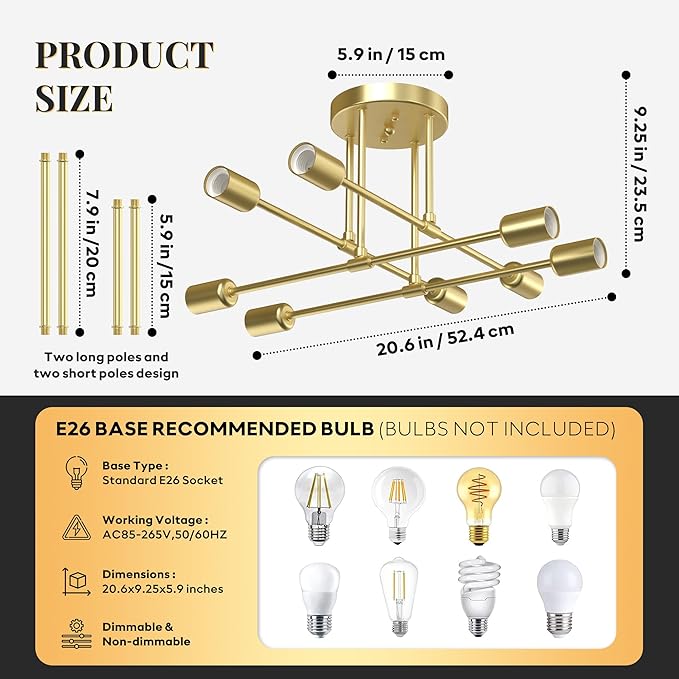 Modern Sputnik Chandelier Ceiling Light Fixtures, 5.9" Ceiling Canopy, 8-Lights Mid Century Industrial Metal Semi Flush Mount for Dining Room, Bedroom, Living Room-Gold